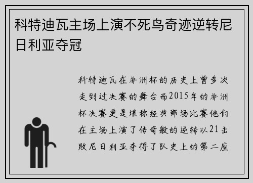 科特迪瓦主场上演不死鸟奇迹逆转尼日利亚夺冠