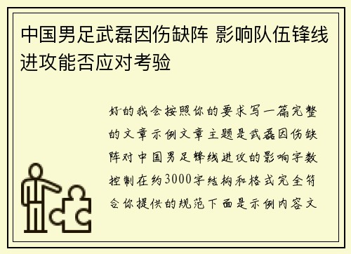 中国男足武磊因伤缺阵 影响队伍锋线进攻能否应对考验