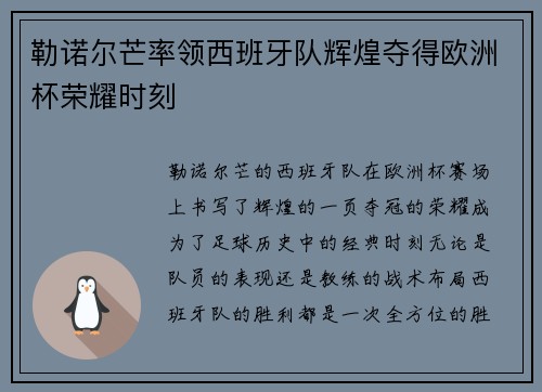 勒诺尔芒率领西班牙队辉煌夺得欧洲杯荣耀时刻